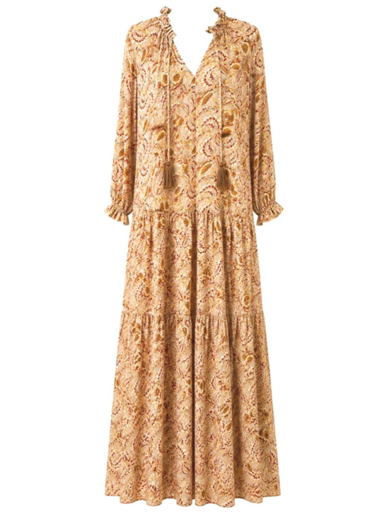 AURA Dresses & Skirts - Aura Paisley Boho Maxi Dress Size M Ruffle Neck Tassel Tie Long Sleeve Boho